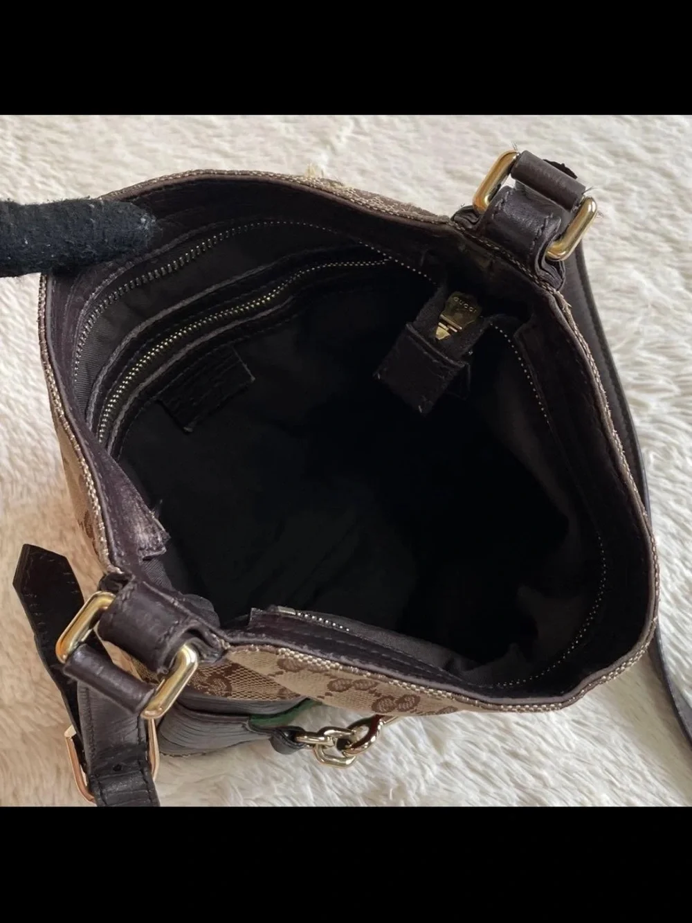 Gucci Brown GG Canvas Crossbody Bag with Red-Green Web and Gold Tone Hardware